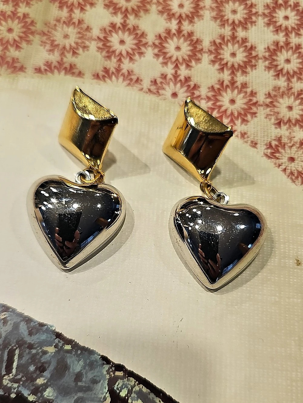 1980s Puffy Heart Drop Earrings in Silver & Gold Tone